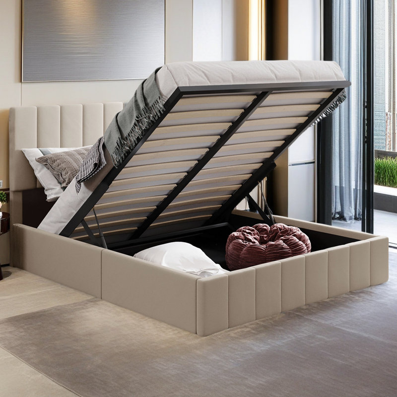 Upholstered Platform Bed With A Hydraulic Storage System, Beige, Queen