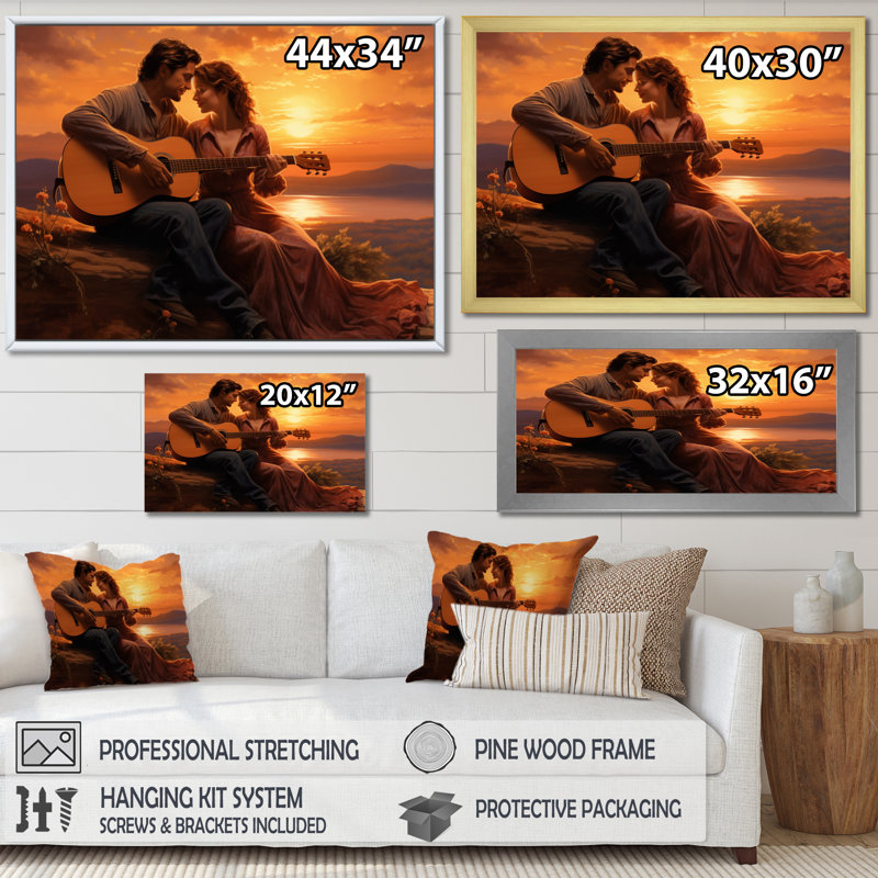 Romantic Couple Playing Guitar At Sunset - Romantic Landscape Canvas Wall Art, Cadre flottant blanc, 34" H x 44" W
