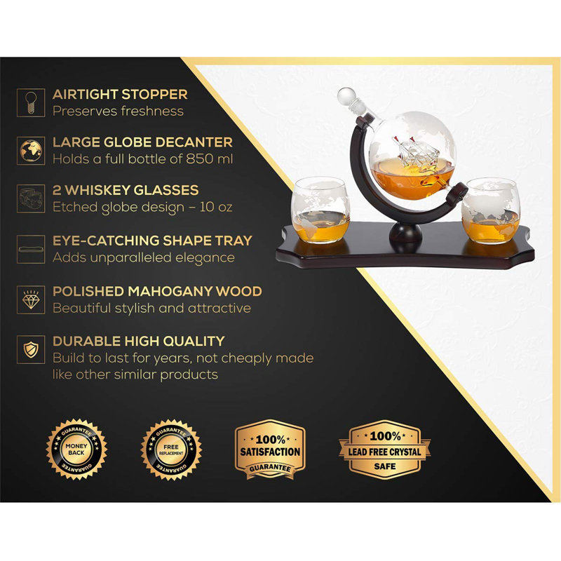 Maguire Etched Globe 3 Piece Whiskey Decanter Set
