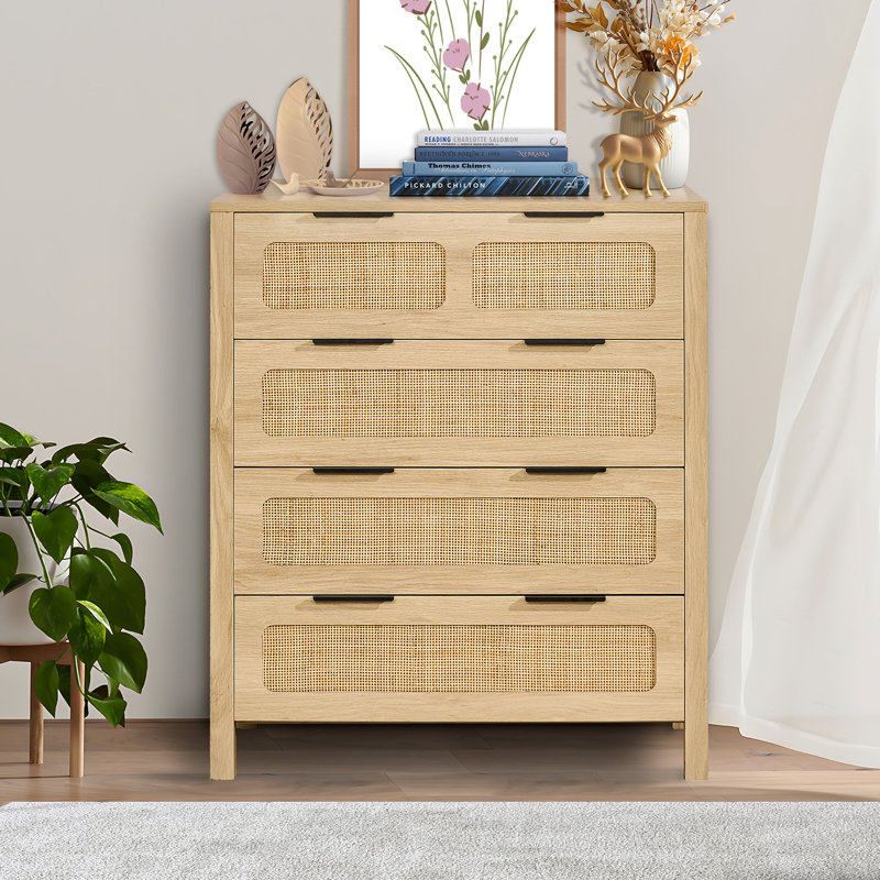 4 Drawer Rattan Dresser, Boho Dresser, Rattan Chest of Drawers with Spacious Storage, Natural Rattan Dresser
