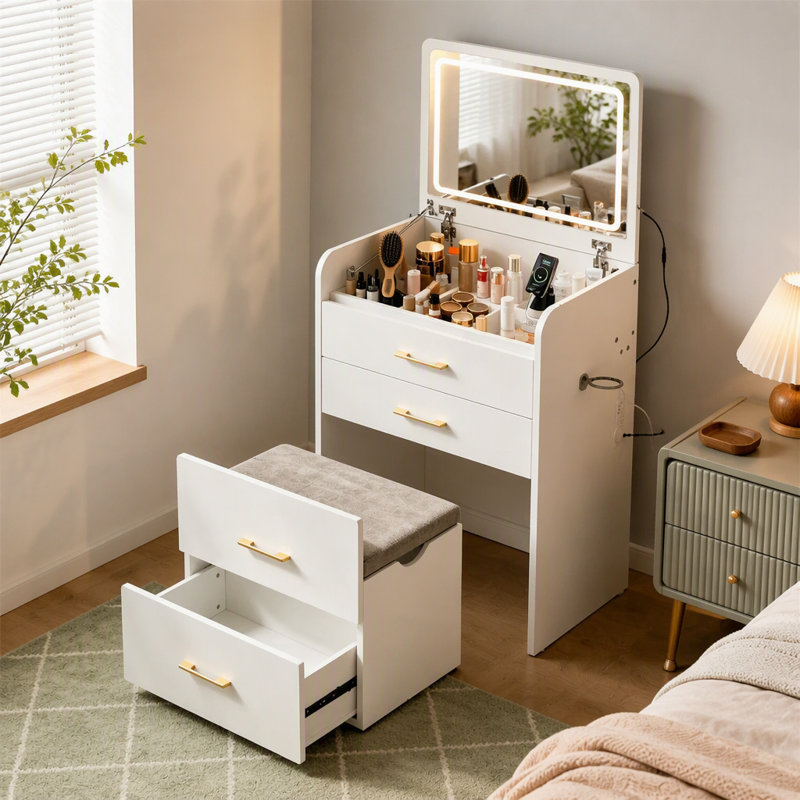 Meuble-lavabo 35 po 3-en-1 à surface de verre avec station de charge et miroir DEL, 3 tiroirs, tabouret rembourré pour l'application de maquillage de chambre à coucher