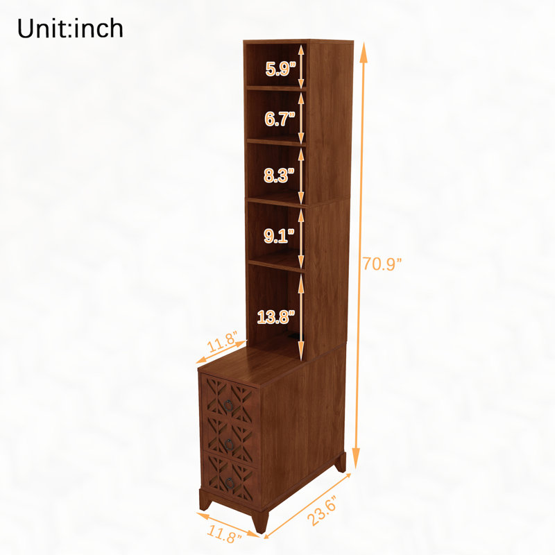 End Table with 3 Drawers, Corner Table with 4 Open Shelves, Tall Side Table for Bedroom and Corner
