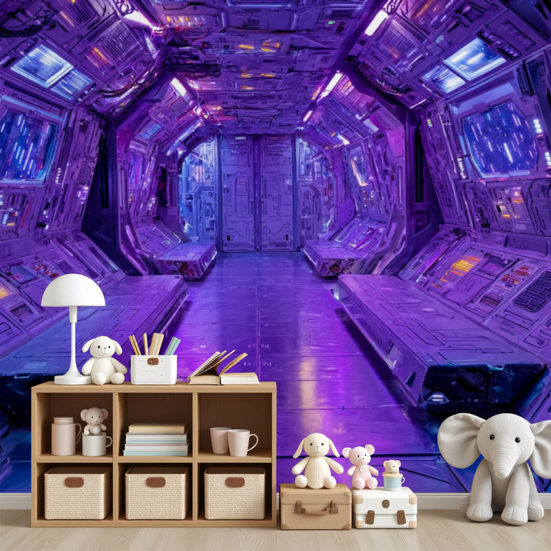 Papier peint adhésif pelez et collez futuriste Spacecraft Cockpit Neon Lighting, L 96 po x l 69 po