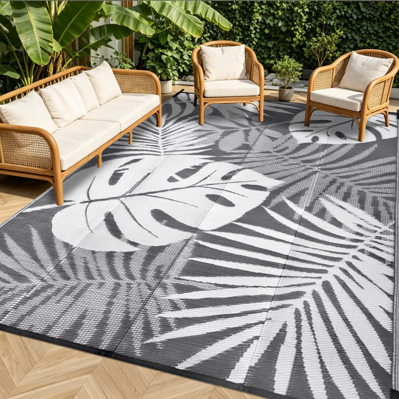 plant pattern indoor/outdoor garden patio rug waterproof grey white，leaves area rug, 6*9ft/183*274cm