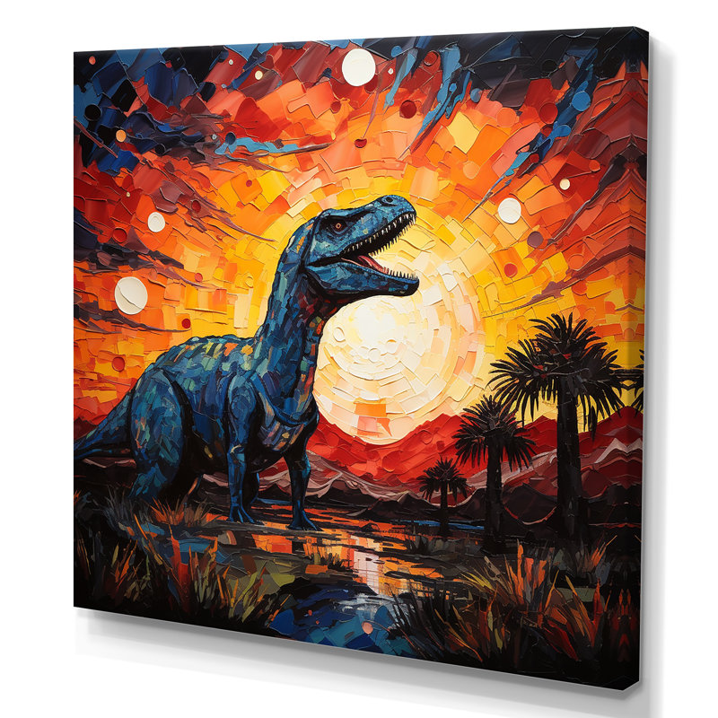 Coucher de soleil de dinosaure rouge et jaune II - art de mur de dinosaure, Toile tendue, H 30 po x l 30 po x P 1,5 po