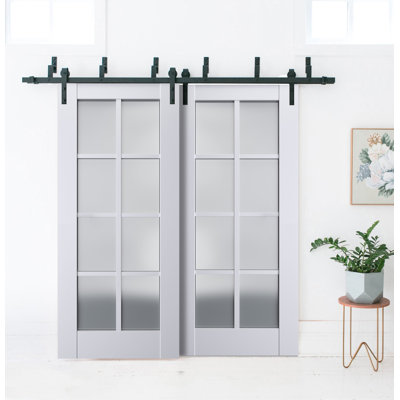 Portes coulissantes de style grange avec verre dépoli Veregio 7412 Blanc Soie, rails robustes de 2 m, ensemble de quincaillerie en bois massif pour portes de placard de chambre - 91 x 213 cm (2 x 46 x 213 cm)