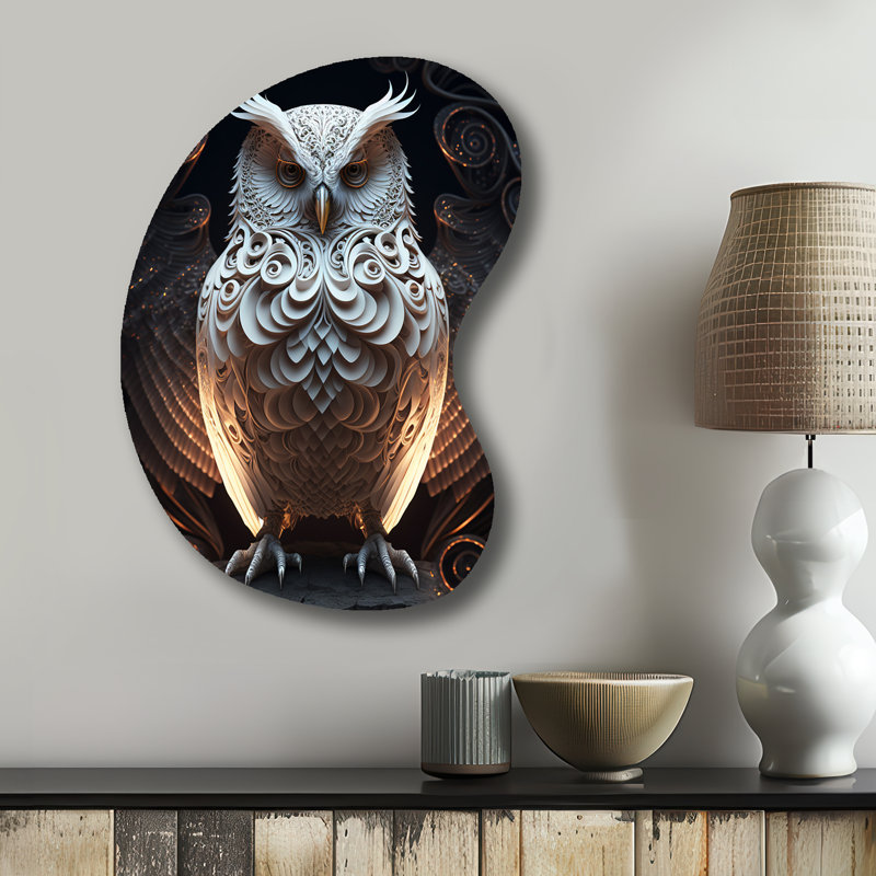 Chouette blanche lumineuse I - forme de flèche de chouette animaux - art mural métallique asymétrique, H 31 po x l 22 po