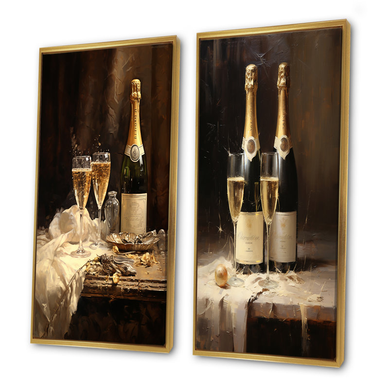 Cellars Silence Champagne Bottle - Champagne Wall Art Living Room Ensemble de 2, Cadre flottant doré, H 28 po x l 25 po