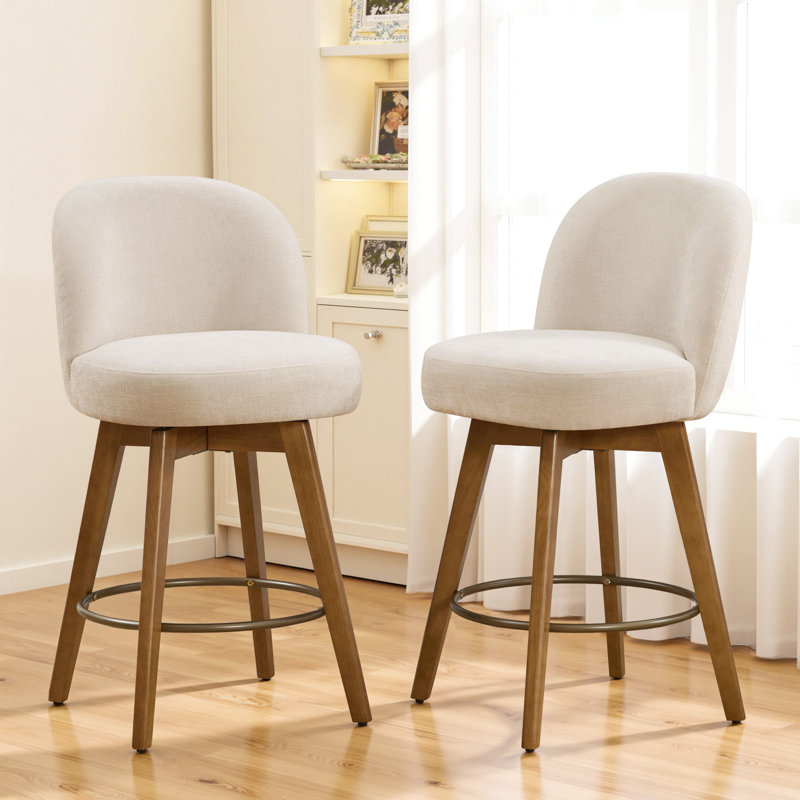 26" Swivel Upholstered Counter Stool with Solid Wood Frame and Mid Back, Beige/Chenille