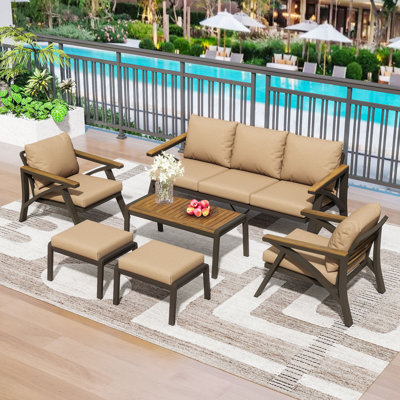 Ensemble de conversation pour patio 6 pièces en bois d'acacia avec canapé, 2 chaises, 2 repose-pieds, table basse et coussins amovibles