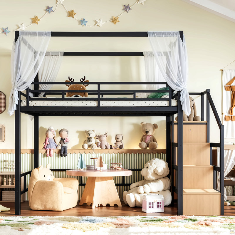 Full Loft Bed with Storage Stairs and Wardrobe, Metal Loft Bed with Canopy Frame, Ample Underbed Spaces Design, Black