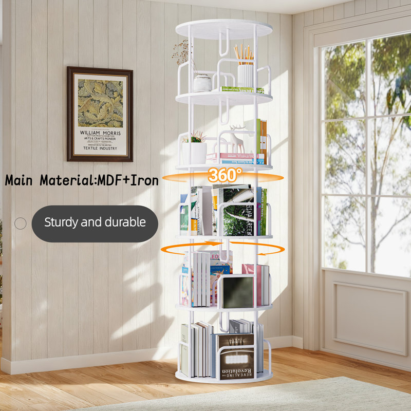 Bibliothèque rotative 62,2 po H avec tablette à 5 niveaux pour le salon, la chambre à coucher (blanc), Blanc