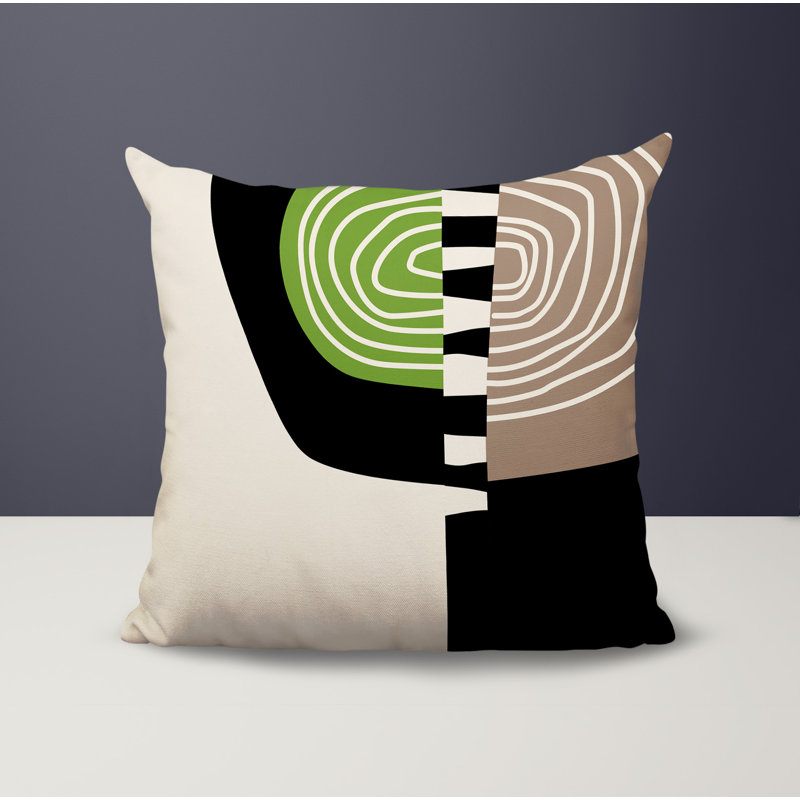 Coussin Marti, Chartreuse / noir / blanc cassé abstrait, H 15 po x l 15 po