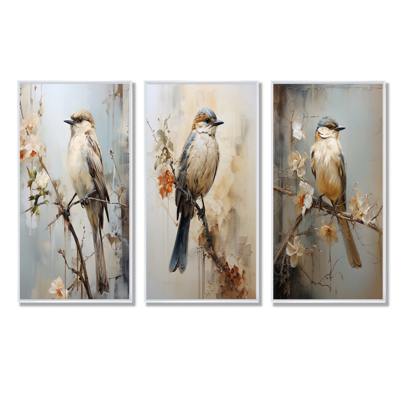 Minimalisme, oiseau beige sur une branche, H 32 po x l 48 po, Cadre flottant blanc