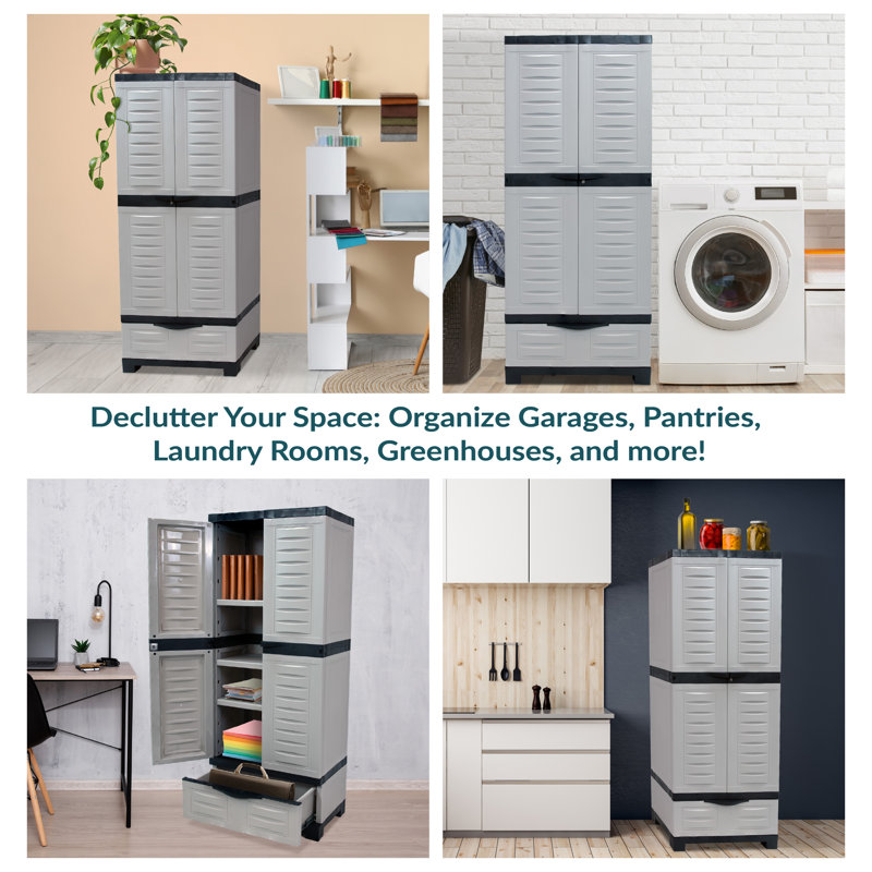 Lockable Storage Cabinet with 3 Adjustable Shelves and Bottom Drawer - Trim, Gray
