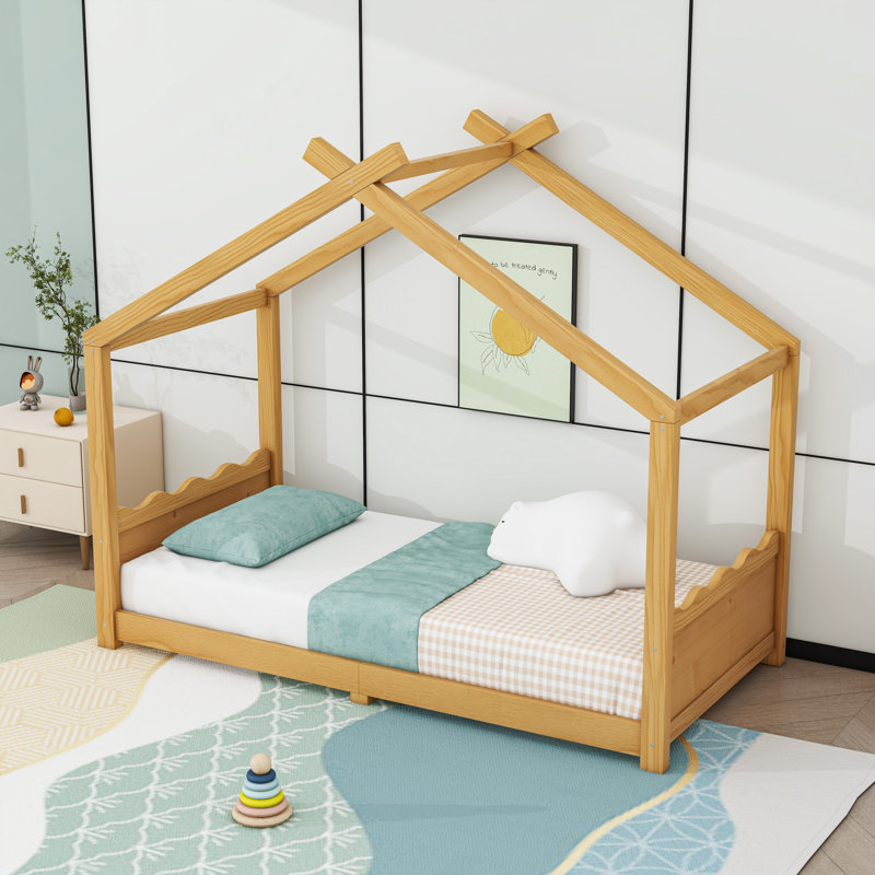 Wood House Floor Bed With Slats, Natural, Twin