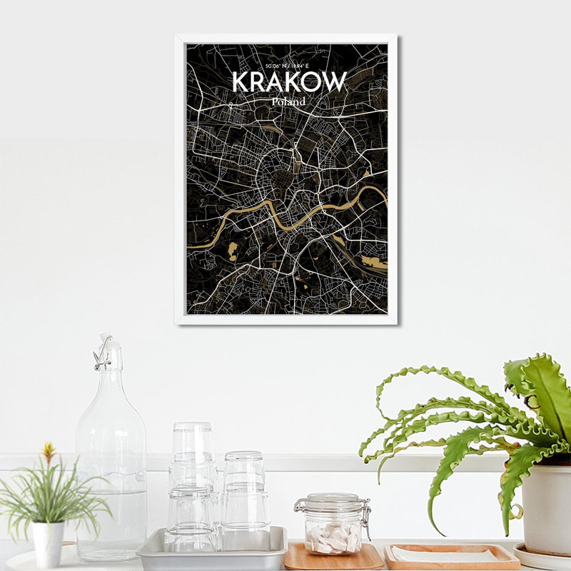 «Krakow City Map», impression de luxe, H 24 po x l 18 po, Noir et or
