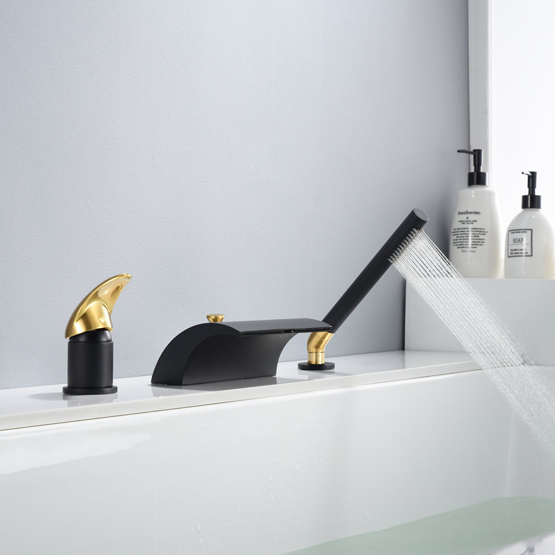 Bathtub Faucet Deck Mount, Bath Tub Faucet with High Flow Waterfall Spout, Black & Gold