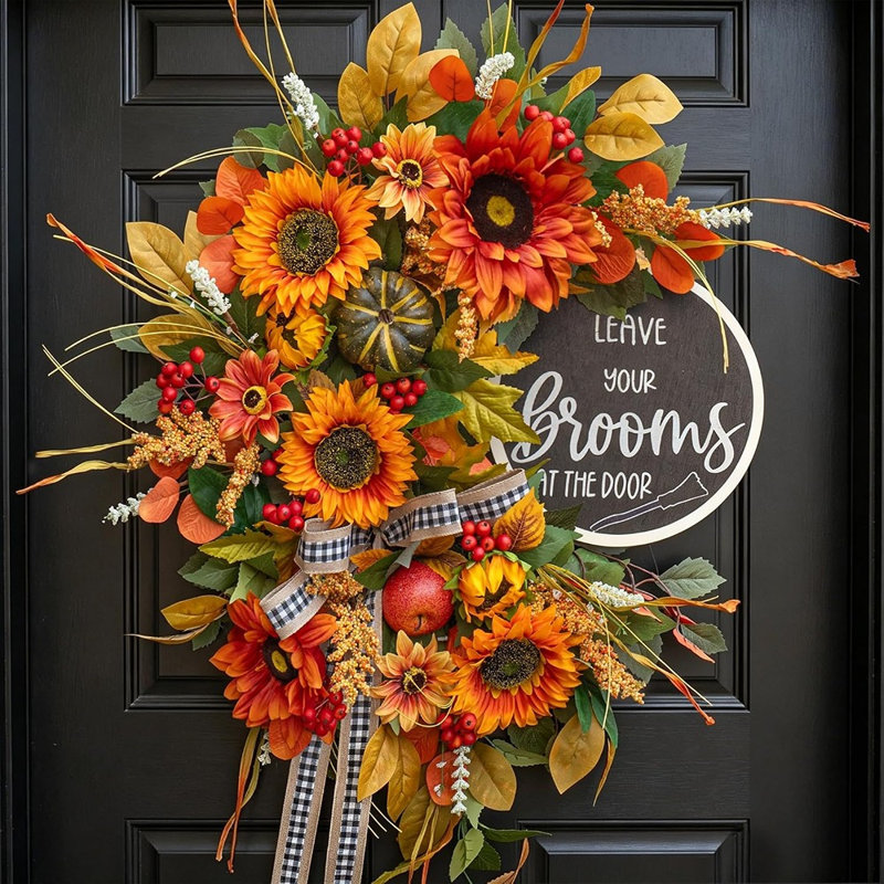 Couronne de tournesol d'automne rustique 24 po - Décoration de porte d'entrée à motif citrouille, feuille d'érable et arc Buffalo