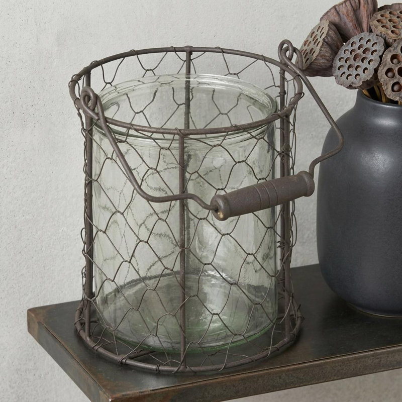 6" Brown Wire Basket and Glass Jar
