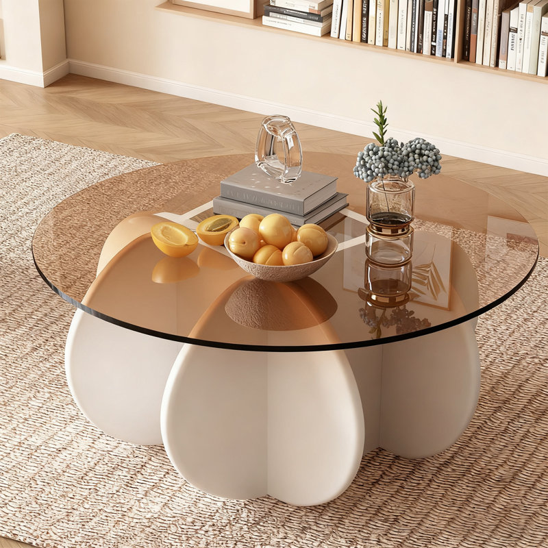 31.5" Round Tempered Glass Coffee Table, Mid Century Modern Round Cocktail Table with Solid Wood Flower Shaped Base, 170LBS Weight Capacity Decorative Center Table for Living Room, Small Apartment & Home Office