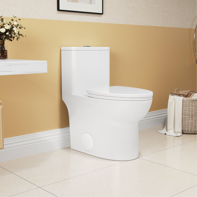 Une toilette, 1,1 / 1,6, allongée, fixation au sol à hauteur confortable, céramique, blanc, siège à fermeture en douceur, et montée,