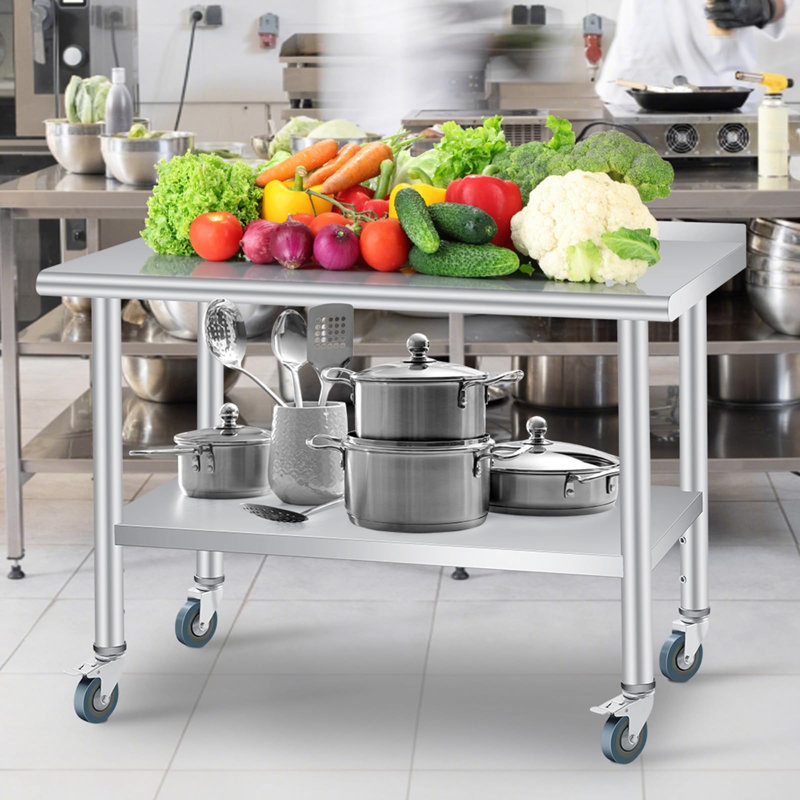 Table en acier inoxydable pour la préparation et le travail, table commerciale robuste avec tablette réglable, dosseret et 4 roulettes pour le restaurant, la maison et l'hôtel