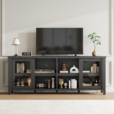 TV Stand for 65 Inch, Entertainment Center with Storage Cabinet and 4 Sliding Glass Doors, Mid Century Modern Media TV Console Table for Living Room Bedroom