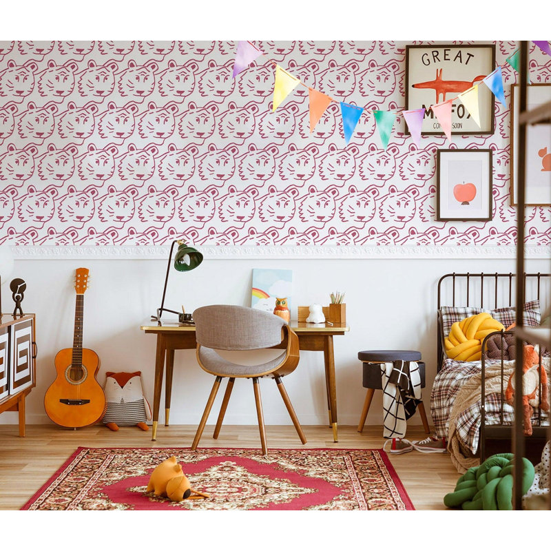 Kids Tigers! 10' L x 25" W Peel and Stick Wallpaper Tile, Faux Grasscloth