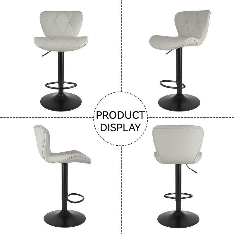 Light Gray Adjustable Faux Leather Swivel Bar Stools with Metal Base