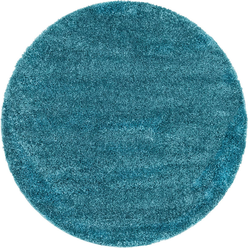 Tapis en polypropylène tissé à la machine à poils longs de couleur unie turquoise Fragos, Rond 8 pi