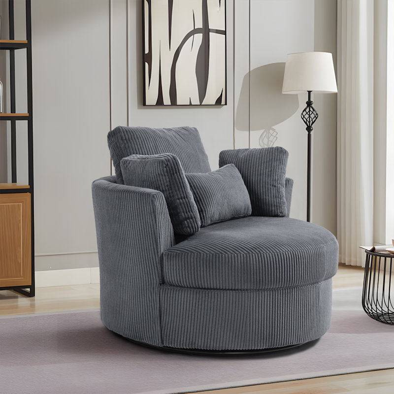 Niama Upholstered Swivel Lounge Armchair With Pillows, Gray Corduroy