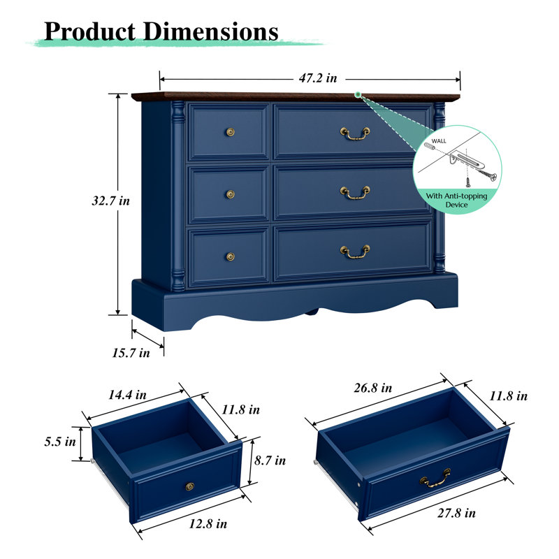 Commode 6 tiroirs, commode de ferme de 54 po de largeur avec station de charge, Bleu
