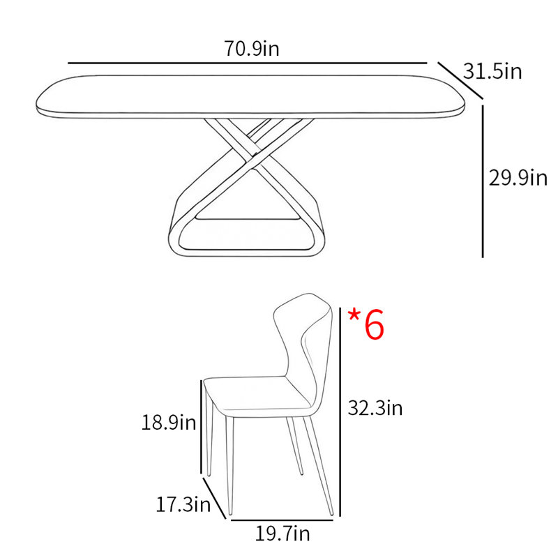 Light luxury modern style dining table sets, 29.5”H x 70.9”L x 31.5”W