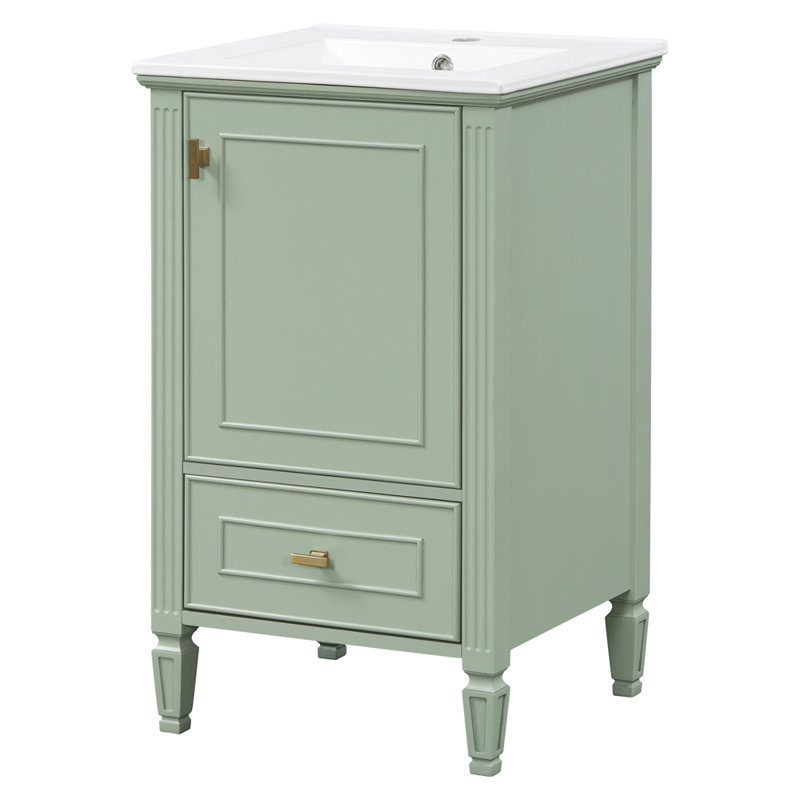 Meuble-lavabo de 20 po avec lavabo en céramique, pieds en bois massif, meuble-lavabo autoportant avec armoire de rangement, tiroirs et portes à fermeture en douceur, support de rangement