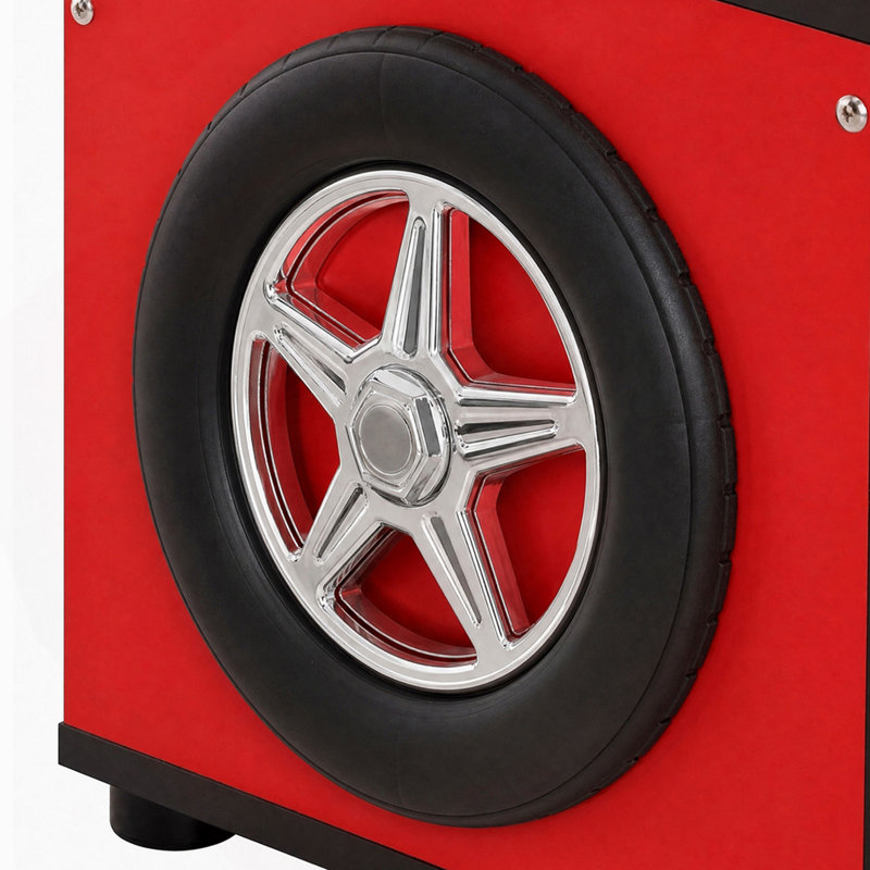 Kids Racing Car Storage Chest with Manual Flip-Top Lid, Gas Strut Support, Decorative Side Wheels, Red, Red, Rouge