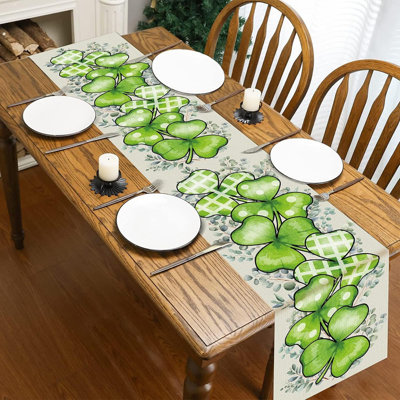 Linen Table Runner With Eucalyptus Hearts And Lucky Shamrocks, St. Patrick’S Day And Valentine’S Day Decor For Kitchen And Dining