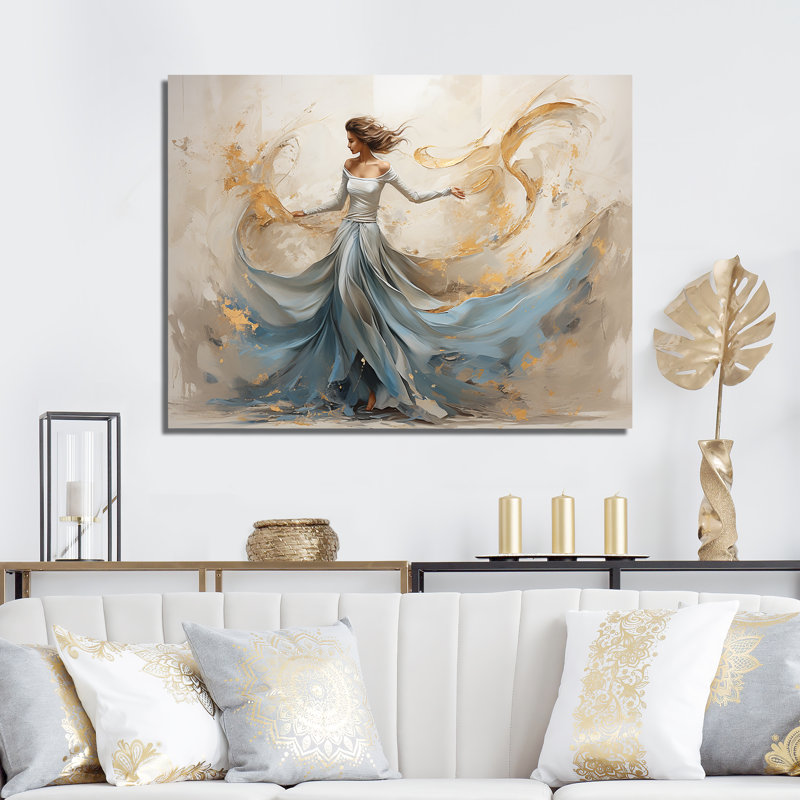 Minimalisme blanc et bleu Dance I - art mural encadré de danse, Toile tendue, L 32 po x H 16 po x P 1 po