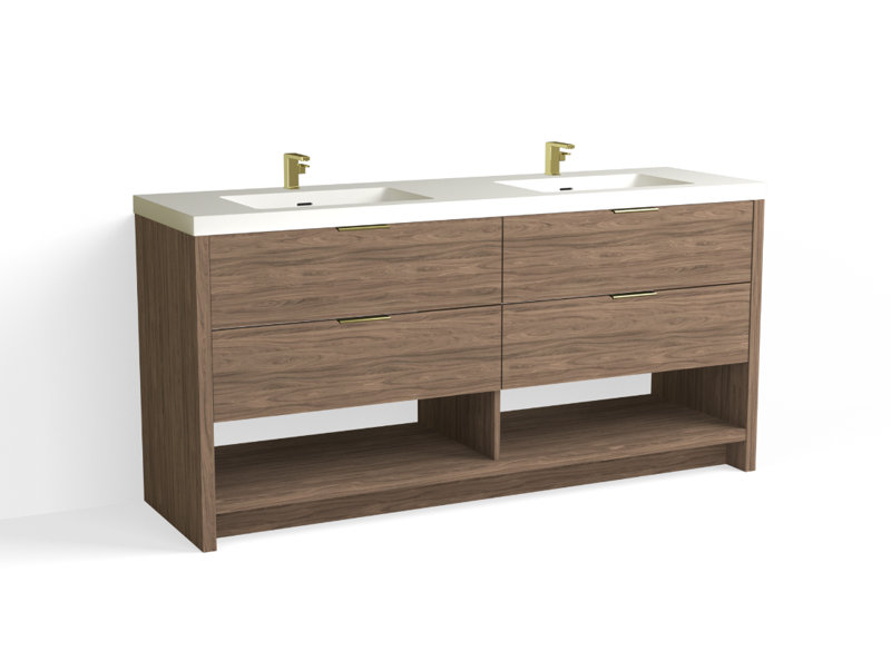 Vue 72" W Freestanding Double Bathroom Vanity, Nocino, Satin Brass, Glossy White/Single
