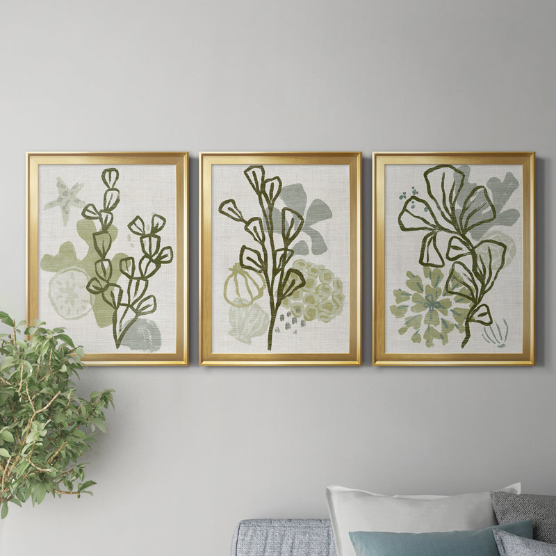 Coral Blockprint I, reproduction encadrée de qualité supérieure - prête à être accrochée, Or, H 24,5 po x l 55,5 po x P 1 po