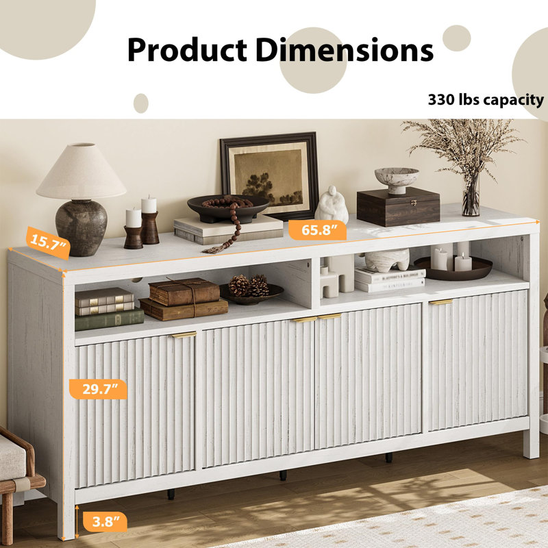 65.8" Fluted sideboard Adjustable 3-Tier with Fluted Doors and Gold Handle for Kitchen, Entryway, Dining Room, White