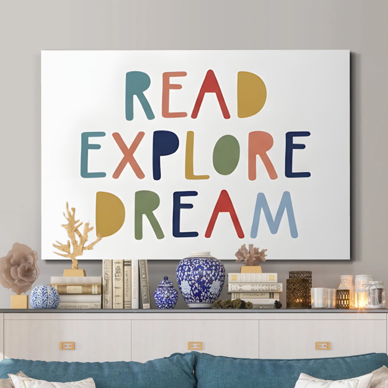 Impression typographique colorée et ludique « Lire, explorer, rêver » sur toile tendue - Bleu