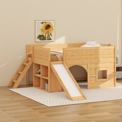Lit mezzanine double pleine grandeur avec glissade, cadre de lit mezzanine en bois avec portes et tablettes de rangement, cadre de lit ludique avec glissade