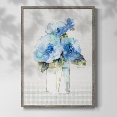 «Gingham Blue Flowers II», reproduction encadrée - bois massif