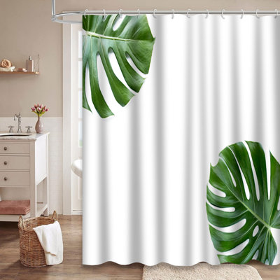 Rideau de douche à motif de feuilles de palmier vert et blanc avec 12 crochets