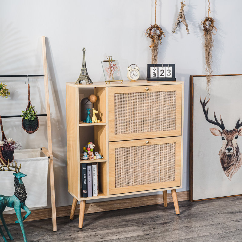 Younts 2-Drawer Wood and Rattan Shoe Cabinet