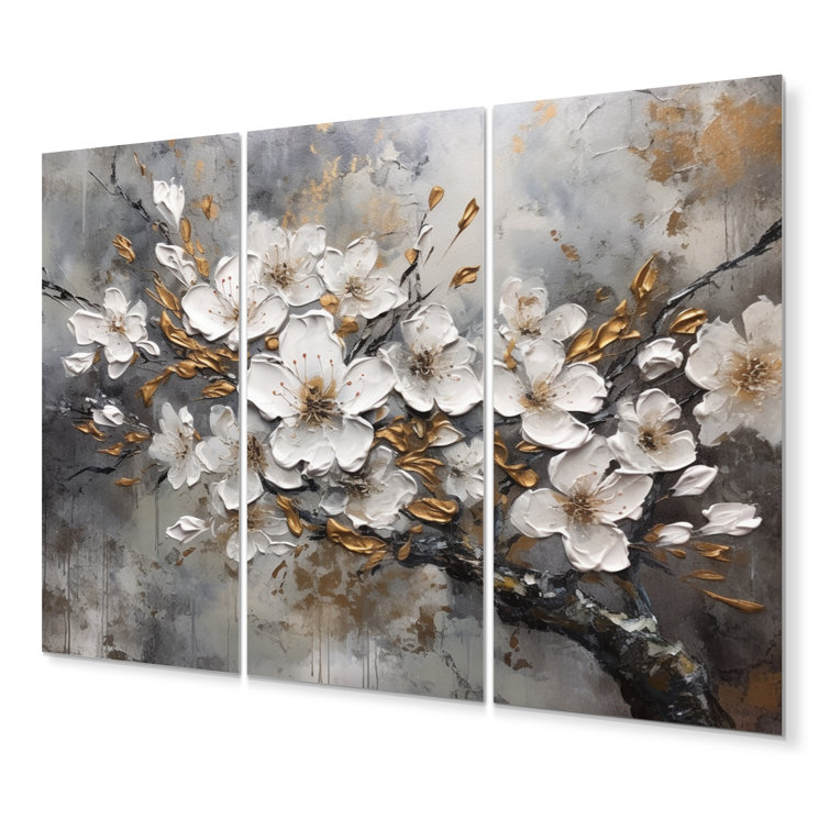 White Grey Cherry Blossum Harmony I Plants & Flowers Wall Decor on Metal