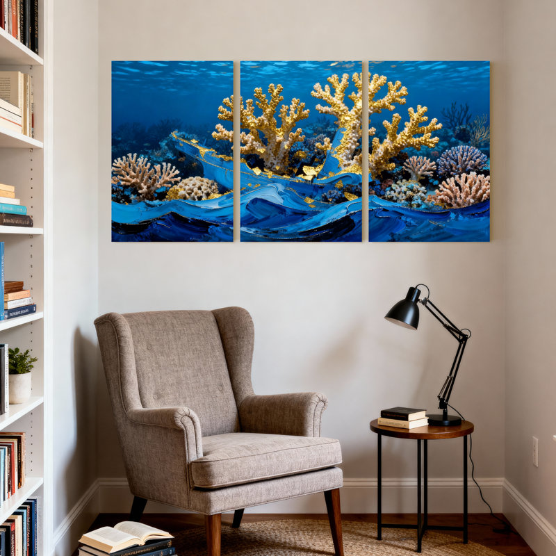 Scène de récif corallien sous-marin avec vagues bleues, ensemble de 3 impressions sur toile, H 24 po x l 48 po