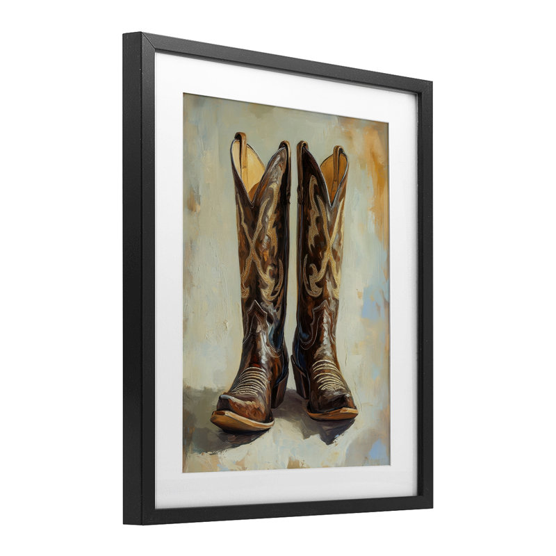 «Cowboy bottes over Abstract», reproduction d'art encadrée sous verre, design par Petal Prints Design, H 21 po x l 17 po