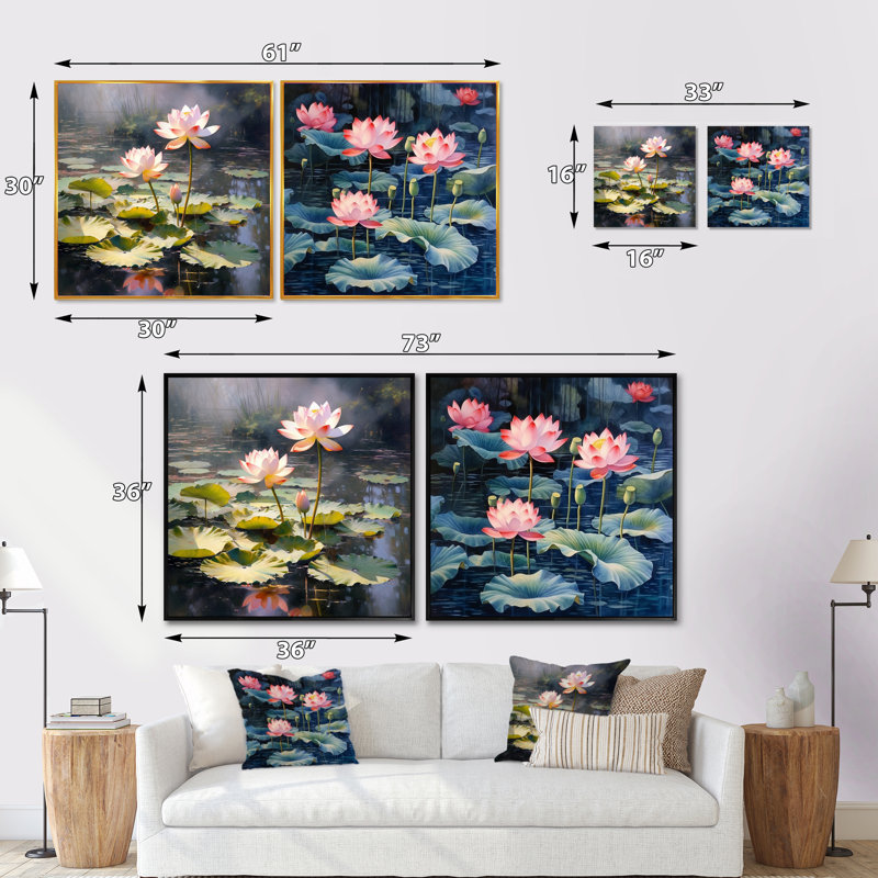 Aquarelle lotus lotus de sagesse - lot de 2 lotus carrés, Cadre flottant blanc, H 30 po x l 61 po